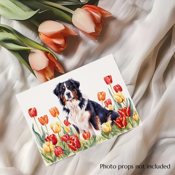 Bernese Moutain Dog in a Field of Tulips, Spring Collection Blank Note Card Set - Picture 4 of 12